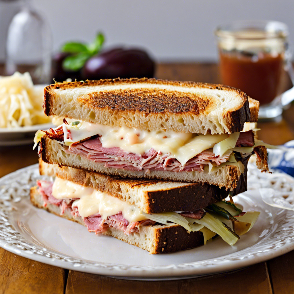 Read more about the article Reuben Sandwich A sandwich made with corned beef, Swiss cheese, sauerkraut, and Russian dressing, grilled on rye bread.