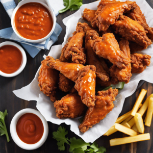 Read more about the article Buffalo Wings Deep-fried chicken wings coated in a tangy and spicy buffalo sauce, often served with celery sticks and blue cheese dressing.