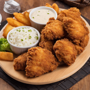 Read more about the article Fried Chicken Chicken pieces breaded and deep-fried to a crispy golden brown, served with various sides.