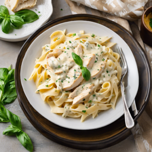 Read more about the article Chicken Alfredo Fettuccine pasta in a rich Alfredo sauce made with butter, heavy cream, and Parmesan cheese, often served with grilled chicken.