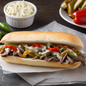 Read more about the article Philly Cheesesteak A sandwich made with thinly sliced beefsteak and melted cheese in a long hoagie roll, often with sautéed onions and peppers.